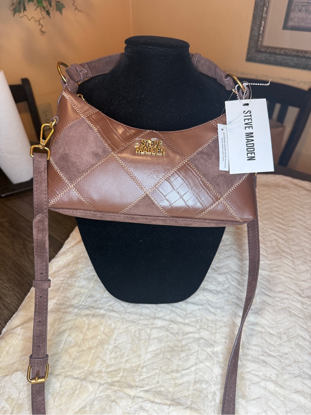 Steve Madden Quilted Patchwork Crossbody Bag in Brown
